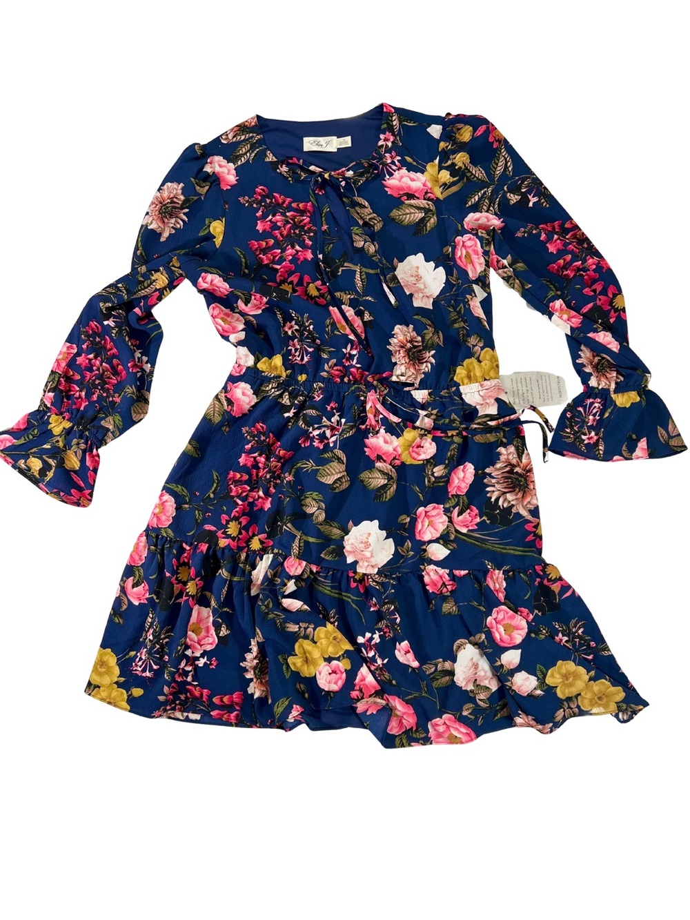 Eliza J Navy Floral Tie-Neck Ruffle Dress